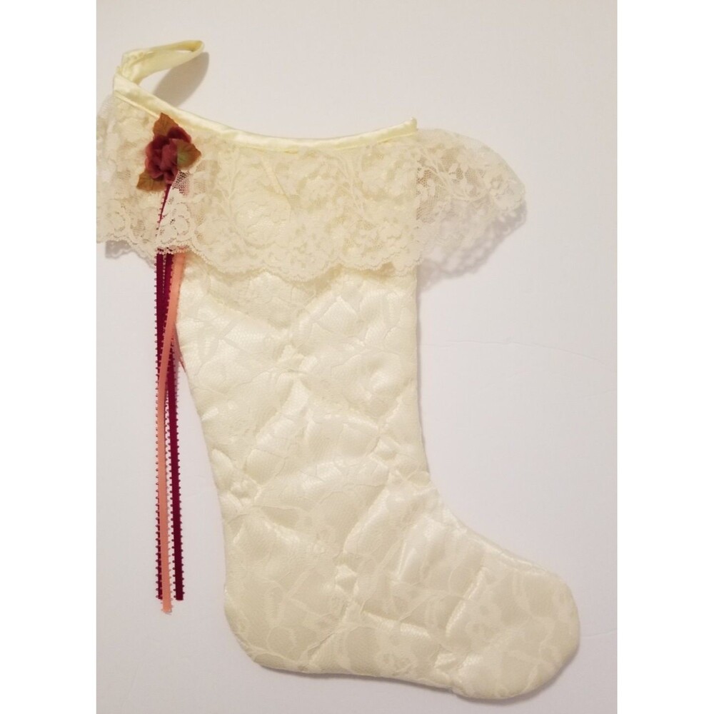 Victorian  Stocking Hanging Flower Ribbon Lace Overlay Quilted French Country